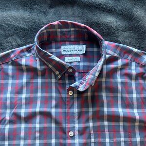 Mizzen+Main Leeward Shirt XL Trim Fit Red Blue Gray Plaid Short Sleeve